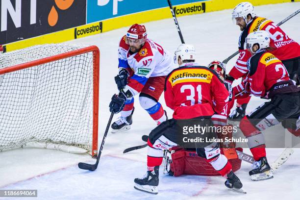 Ivan Igumnov of Russia scores his team's third goal during the Deutschland Cup 2019 match between Switzerland and Russia at Yayla Arena on November...