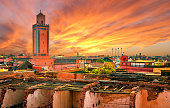 Panoramic sunset view of Marrakech and old medina, Morocco