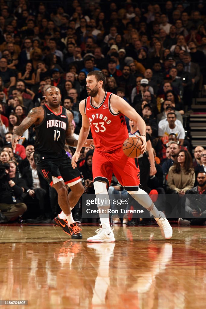 Houston Rockets Toronto Raptors Marc Gasol of the Toronto Raptors handles the ball during the game ...