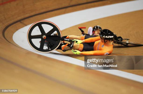 Shanne Braspennincx of Netherlands crashes during the Women's Keirin second round during Day Two of the UCI Track Cycling World Championships at Sir...