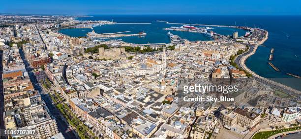 aerial view of bari old town and port - basilica di san nicola bari stock pictures, royalty-free photos & images