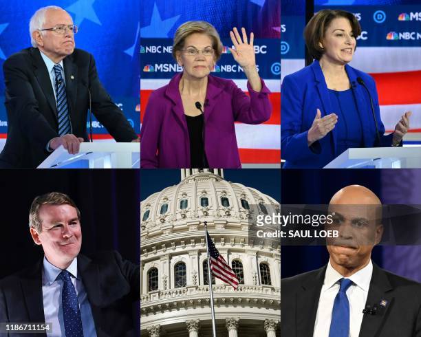 This combination of pictures created on December 5, 2019 shows in this file photo taken on November 20, 2019 Democratic presidential hopeful Vermont...