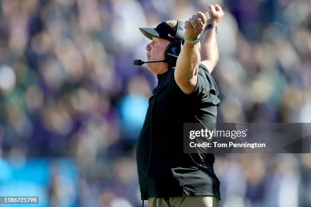 Head coach Gary Patterson of the TCU Horned Frogs leads the Horned Frogs against the Baylor Bears in the second half at Amon G. Carter Stadium on...