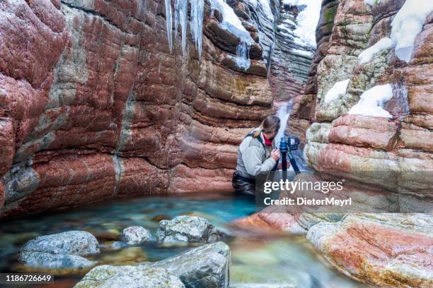 nature photographer shoots winter photo in the alps, taugl gorge - salzburg stock pictures, royalty-free photos & images