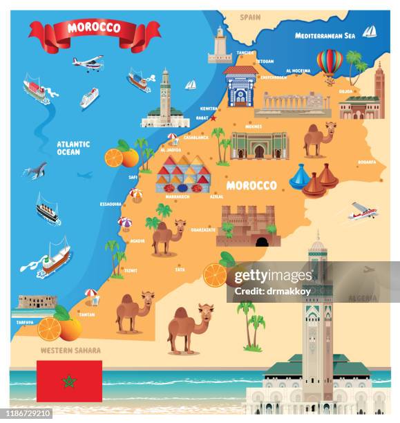 marokko reisekarte, casablanca, rabat, fes, sale, marrakesch, agadir, tanger, meknes, oujda-angad, al hoceima, kenitra, tetouan, temara, safi, mohammedia, khouribga, beni mellal, fes al bali, el jadid, taza, nador, settat, labire - marrakech stock-grafiken, -clipart, -cartoons und -symbole