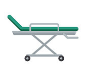 Emergency department stretchers flat illustration. Cartoon medical equipment for injured patients. Hospital bed isolated clipart on white background. Paramedic, first aid service tool design element.