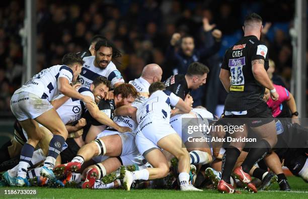 Bristol drive over the line to score the winning try scored by Dan Thomas during the Gallagher Premiership Rugby match between Exeter Chiefs and...