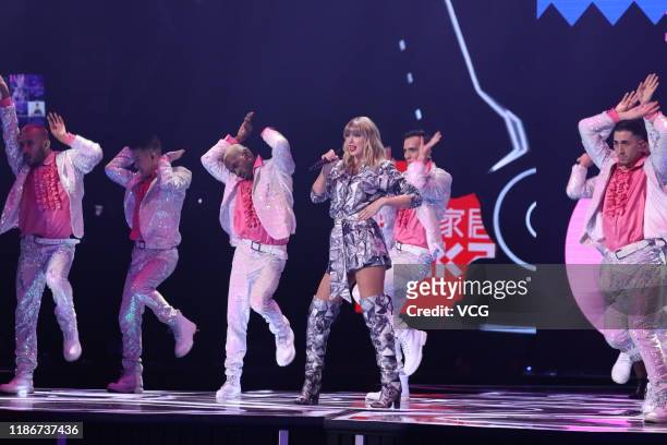 Singer Taylor Swift performs on the stage during the gala of 2019 Alibaba 11.11 Global Shopping Festival at Mercedes-Benz Arena on November 10, 2019...
