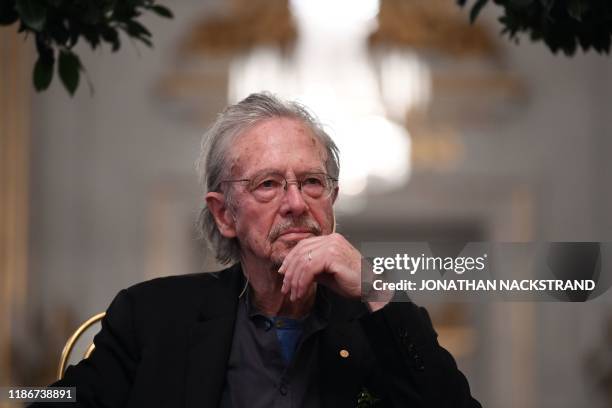 Austrian writer Peter Handke, Nobel Prize Literature laureate 2019, gives a press conference at the Swedish Academy in Stockholm, Sweden, on December...