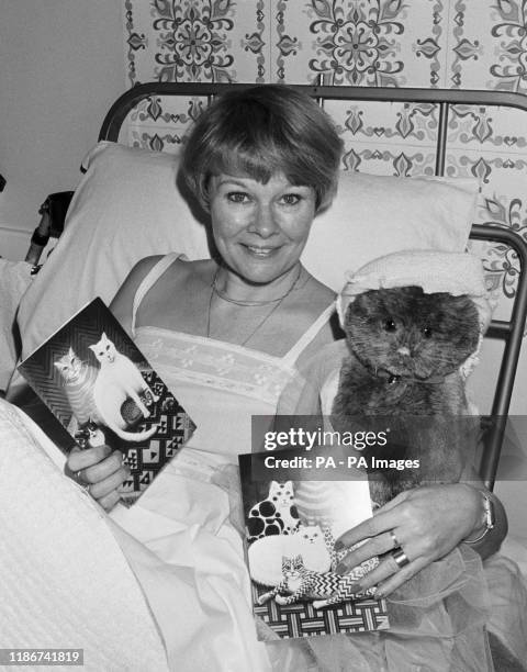 Actress Judi Dench recovering in the Fitzroy Nuffield Hospital, London, after an operation on her achilles tendon, which she injured during...