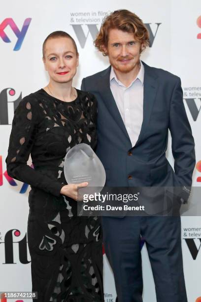 Samantha Morton winner of the QI Best Performance Award presented by Julian Rhind-Tutt in the winners room at the Women in Film and TV Awards 2019 at...