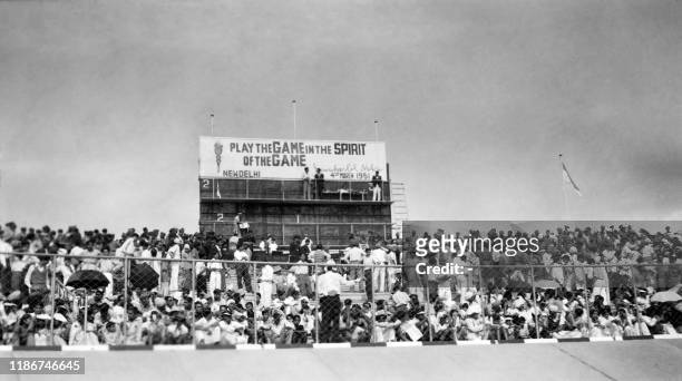 Picture taken on March 19, 1951 at New Delhi showing spectators of the Asian Games with 489 athletes coming from 11 countries .