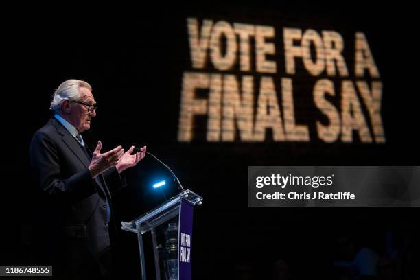 Lord Michael Heseltine speaks at a "Vote for a Final Say" rally about Brexit and the upcoming general election on December 6, 2019 in London,...