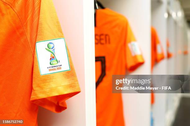 View inside the dressing room of Netherlands before the quarter-final match between Netherlands and Paraguay in the FIFA U-17 World Cup Brazil at...