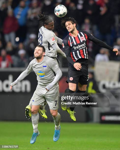 Eduard Loewen, Dedryck Boyata of Hertha BSC and Goncalo Paciencia of Eintracht Frankfurt during the Bundesliga match between Eintracht Frankfurt and...