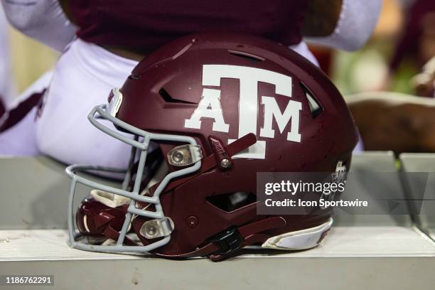 Texas A&M helmet rests on the sideline during a game between the LSU Tigers and the Texas A&M Aggies on November 30 at Tiger Stadium in Baton Rouge,...