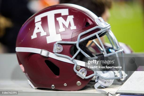 Texas A&M helmet rests on the sideline during a game between the LSU Tigers and the Texas A&M Aggies on November 30 at Tiger Stadium in Baton Rouge,...