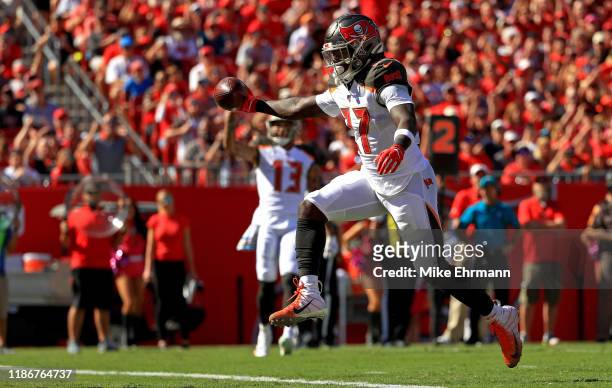 Ronald Jones of the Tampa Bay Buccaneers scores a touchdown during a game against the Arizona Cardinals at Raymond James Stadium on November 10, 2019...
