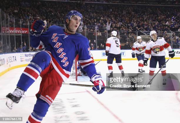 Brady Skjei of the New York Rangers celebrates his goal at 5:31 of the second period against Sam Montembeault of the Florida Panthers at Madison...