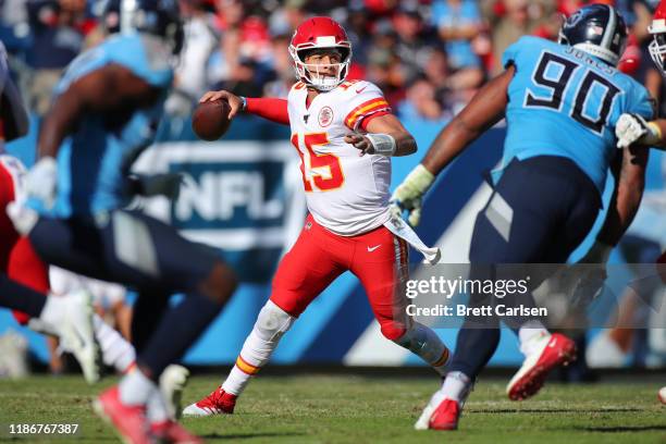 Quarterback Patrick Mahomes of the Kansas City Chiefs looks to pass against the Tennessee Titans in the second quarter at Nissan Stadium on November...