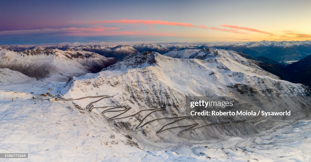 Stelvio Pass (Passo Stelvio) mountain road, aerial view, Bormio, Italy