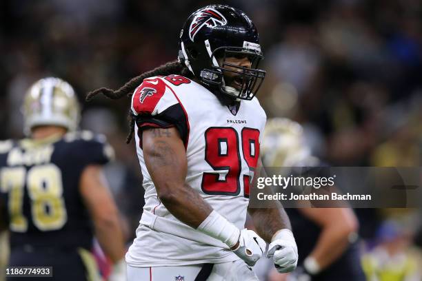 Adrian Clayborn of the Atlanta Falcons celebrates during the second half of a game against the New Orleans Saints at the Mercedes Benz Superdome on...