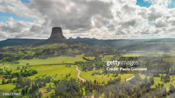 devil's tower national monument and surrounding landscape in summer season. beautiful aerial view on a sunny afternoon - devils tower stock pictures, royalty-free photos & images