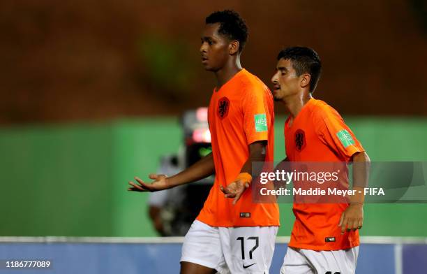 Jayden Braaf of Netherlands celebrates the third goal for his team with his teammates during the quarterfinal match between Netherlands and Paraguay...