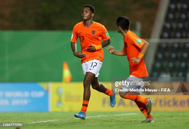 Jayden Braaf of Netherlands celebrates the third goal for his team with his teammates during the quarterfinal match between Netherlands and Paraguay...