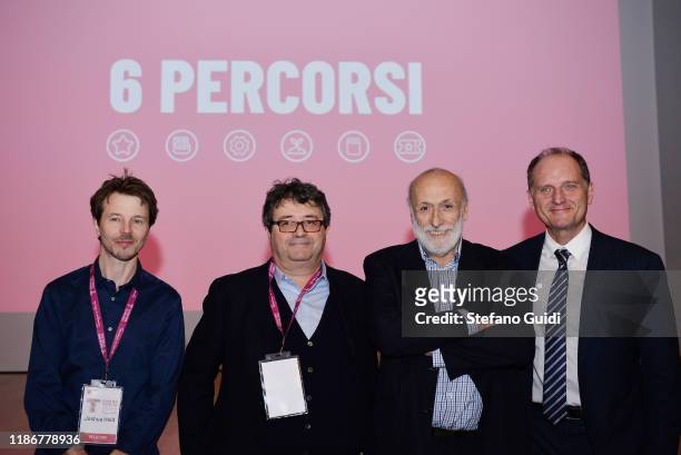 Joshua Held, Marco Trabucco, Carlo Petrini and Guido Saracco, rector of Politecnico di Torino, attend Festival della Tecnologia on November 10, 2019...
