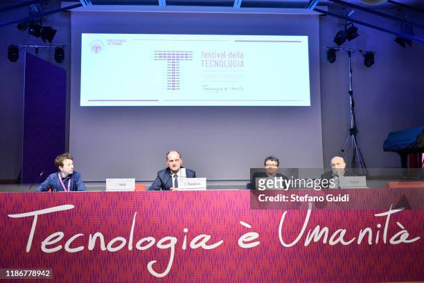 Joshua Held, Guido Saracco, rector of Politecnico di Torino, Marco Trabucco and Carlo Petrini attend Festival della Tecnologia on November 10, 2019...