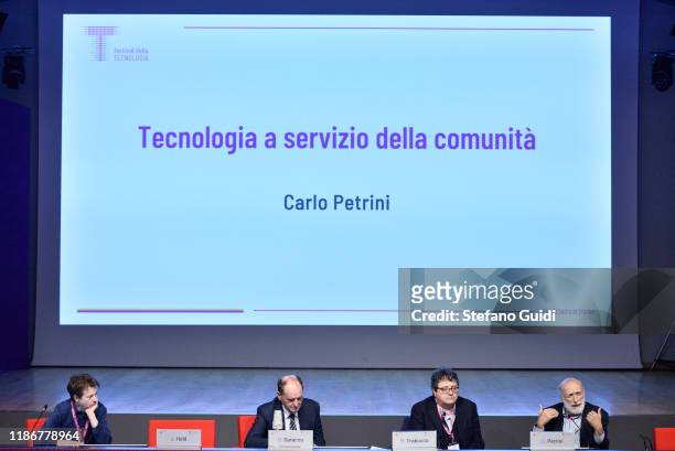Joshua Held, Guido Saracco, rector of Politecnico di Torino, Marco Trabucco and Carlo Petrini attend Festival della Tecnologia on November 10, 2019...
