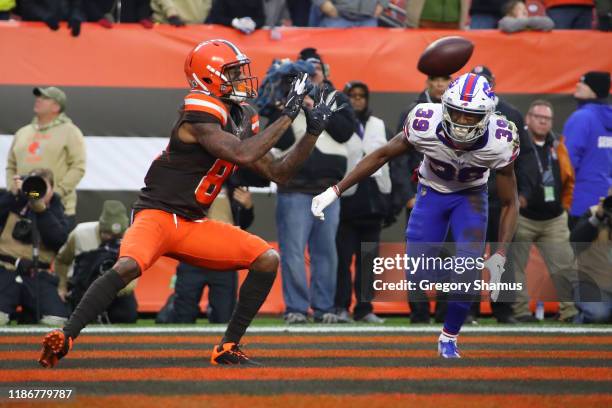 Rashard Higgins of the Cleveland Browns catches a fourth quarter touchdown in front of Levi Wallace of the Buffalo Bills at FirstEnergy Stadium on...