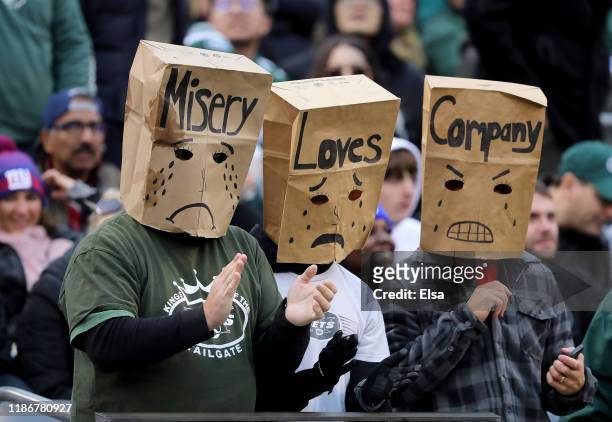 New York Jets fans react during the third quarter against the New York Giants at MetLife Stadium on November 10, 2019 in East Rutherford, New...
