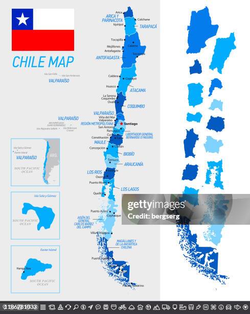 chile map with national flag, separated provinces and navigational icons - chile map stock illustrations