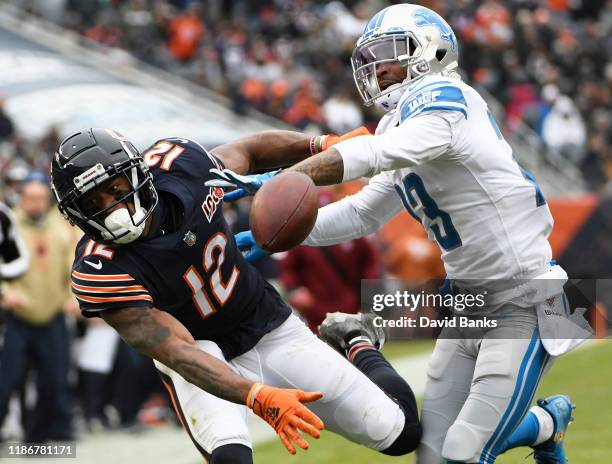 Darius Slay of the Detroit Lions defends Allen Robinson of the Chicago Bears during the second half at Soldier Field on November 10, 2019 in Chicago,...