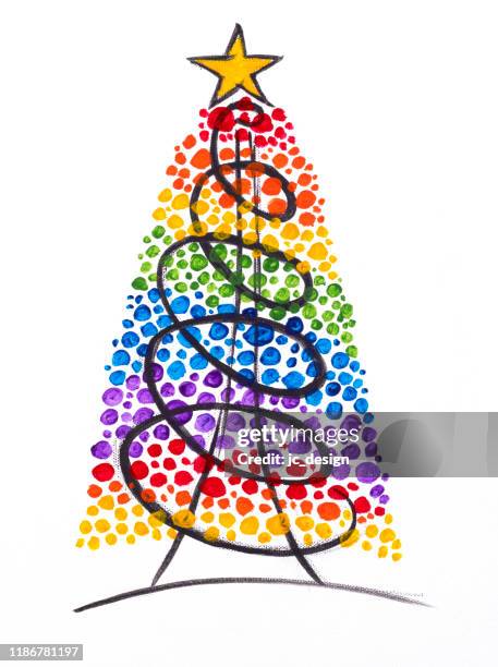 bunte malerei von regenbogen weihnachtsbaum mit stern auf der oberseite - gay christmas stock-grafiken, -clipart, -cartoons und -symbole