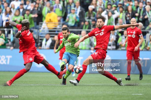 Victor Rodriguez of the Seattle Sounders kicks the ball to score a goal in the second half to give the Seattle Sounders a 2-0 lead against Toronto FC...