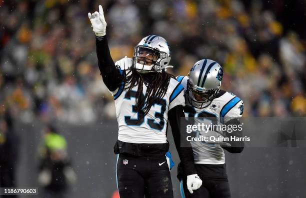 Tre Boston of the Carolina Panthers reacts after his defensive play against the Green Bay Packers at Lambeau Field on November 10, 2019 in Green Bay,...