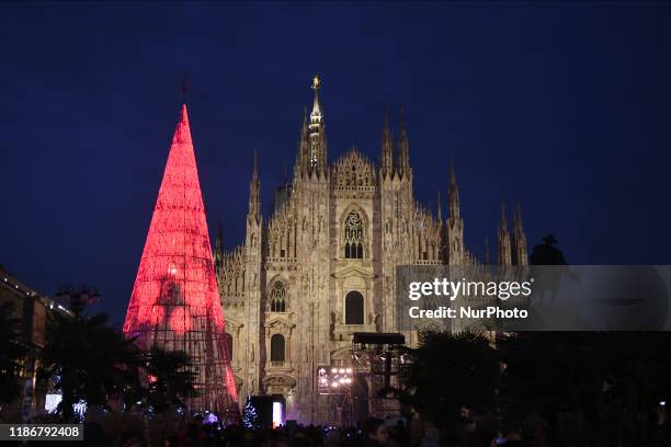 Milan Mayor Giuseppe Sala with Esselunga CEO Sami Kahale on the Milan Super Christmas 2019 stage to light the big Christmas tree in Piazza del Duomo...