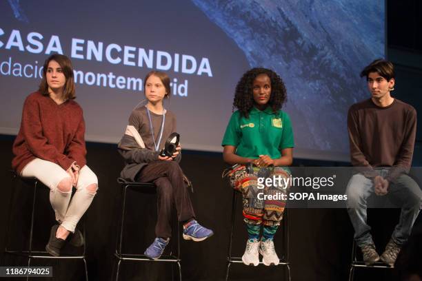 From left to right, Shari Crepi , Greta Thunberg , Vanessa Nakate and Alejandro Martinez attend a press conference. Press conference of the Swedish...