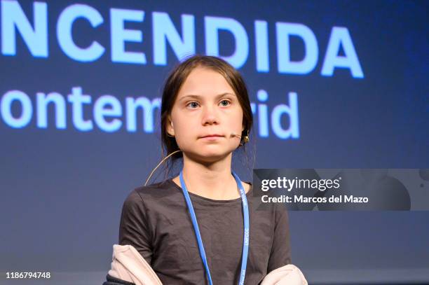 Swedish climate activist Greta Thunberg attends a press conference at 'La Casa Encendida'. Greta arrived to Madrid for the COP25 Climate Change...