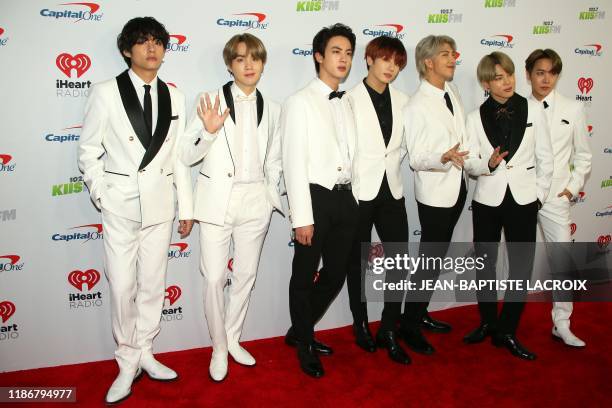 South Korean boy band BTS arrives for the KIIS FM's iHeartRadio Jingle Ball at the Forum Los Angeles in Inglewood, California on December 6, 2019.