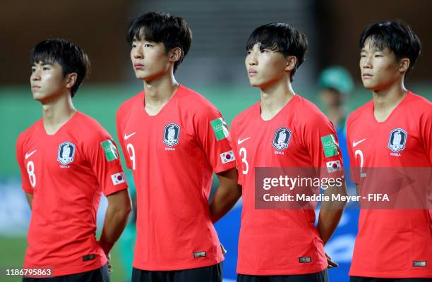 Jaehyeok Oh, Minseo Choi, Hojun Son and Taeseok Lee of Korea Republic attend the quarterfinal match between Korea Republic and Mexico in the FIFA...