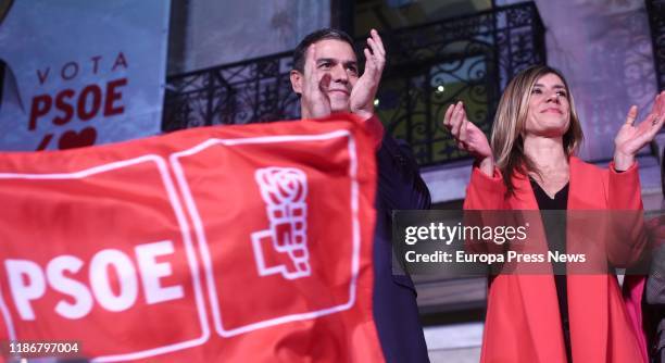 The candidate of PSOE to the presidency of the Government, Pedro Sanchez, and his wife, Begoña Gomez, celebrate the results during the 10N election...