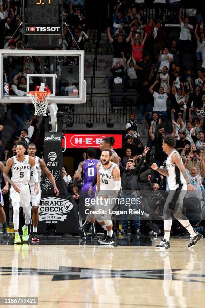 Marco Belinelli of the San Antonio Spurs reacts to a play against the Sacramento Kings on December 6, 2019 at the AT&T Center in San Antonio, Texas....