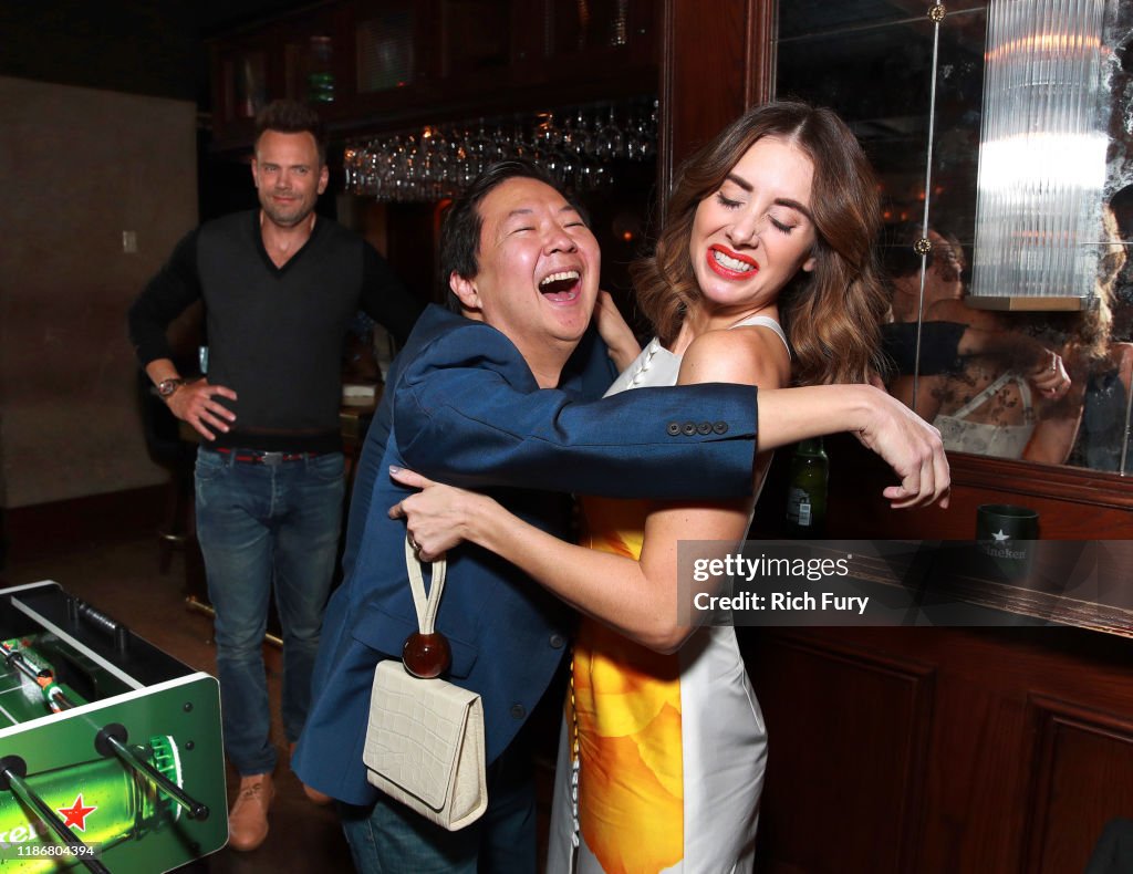 Joel McHale, Ken Jeong and Alison Brie in the Heineken Green Room at