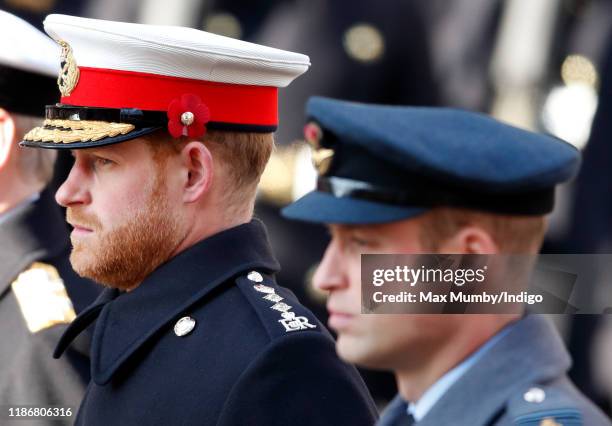 Prince Harry, Duke of Sussex and Prince William, Duke of Cambridge attend the annual Remembrance Sunday service at The Cenotaph on November 10, 2019...