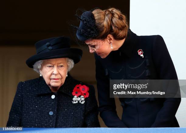 Queen Elizabeth II and Catherine, Duchess of Cambridge attend the annual Remembrance Sunday service at The Cenotaph on November 10, 2019 in London,...
