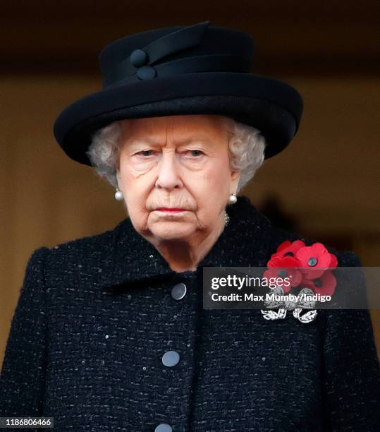Queen Elizabeth II attends the annual Remembrance Sunday service at The Cenotaph on November 10, 2019 in London, England. The armistice ending the...
